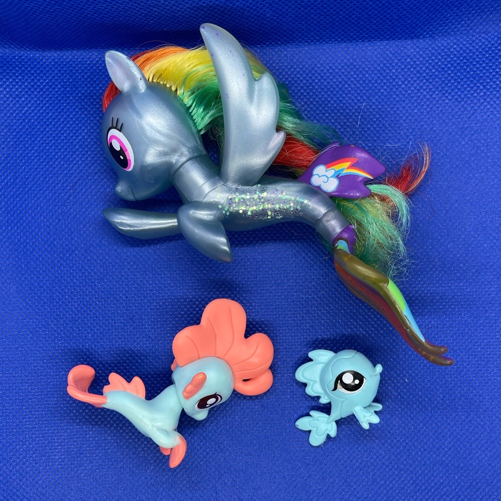 Rainbow Dash 7"  MLP MERMAID + Bubble Splash Baby Seapony + Blue Fish